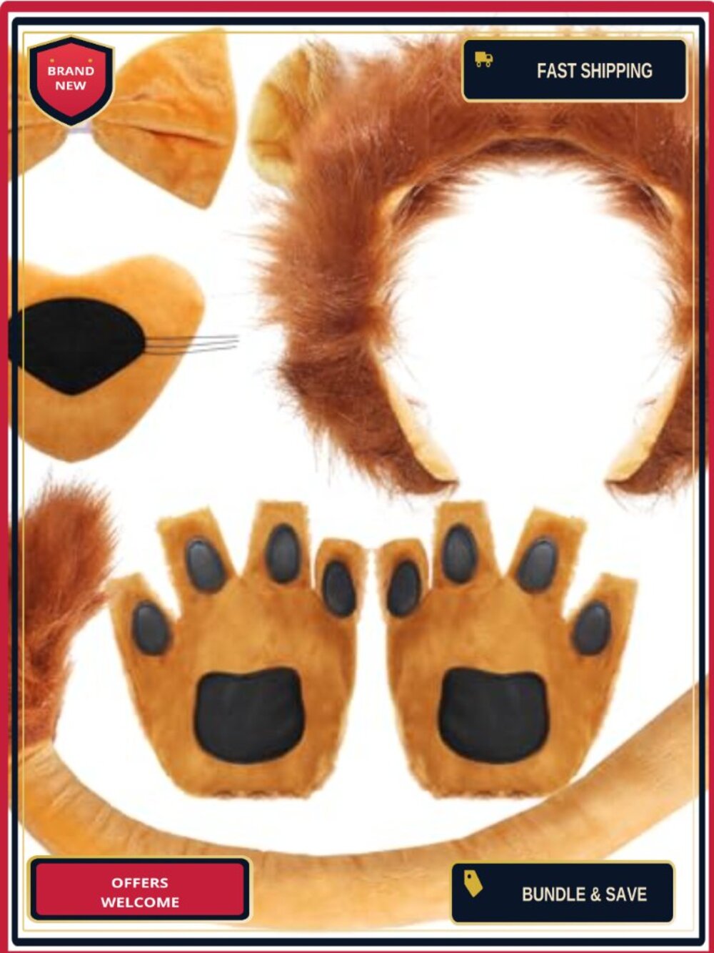 Lion Costume Accessory Set Ears Headband Tail Nose Bowtie Gloves Halloween